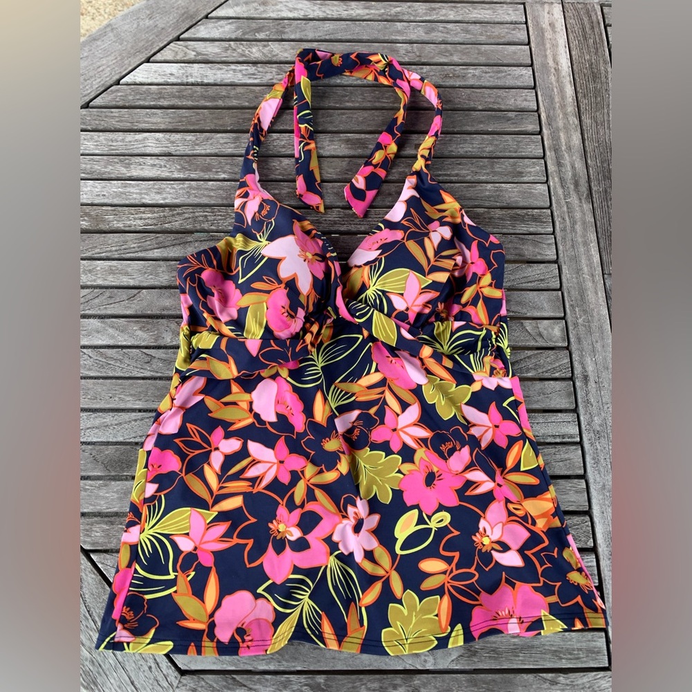 Lands' End Navy Floral Halter Swimdress with Pink & Lime Accents